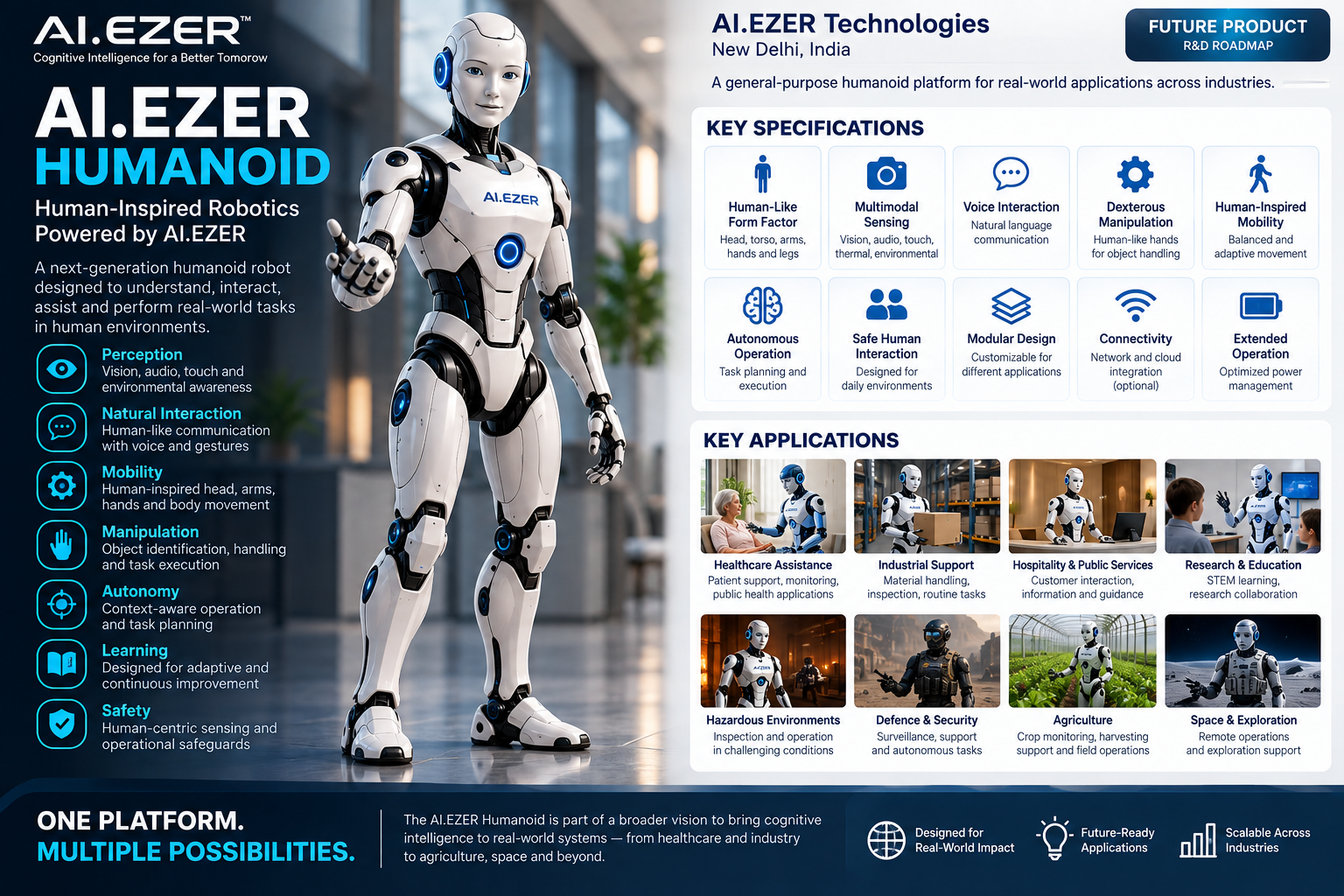 AI.EZER Humanoid product concept with technologies, key specifications and application examples